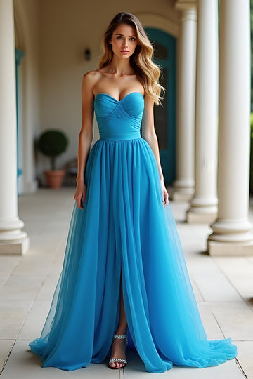 A Line Blue Sweetheart Tulle Long Formal Dress with Slit